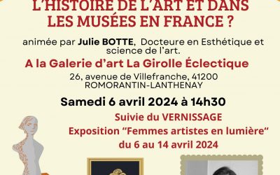 Discussion, vernissage et exposition « Femmes artistes en lumière » le samedi 6 avril 2024 à la Galerie d’Art “La Girolle Éclectique” à Romorantin-Lanthenay