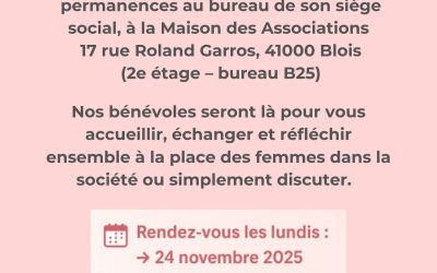 Nouveauté Femmes 41 ! Permanences Femmes 41 le 24 novembre et le 22 décembre 2025 de 14h à 16h à la Maison des Associations, 17 rue Roland Garros à Blois