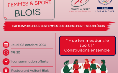 Invitation Afterwork Femmes & Sport, organisé par le CDOS 41 – Comité Départemental Olympique et Sportif de Loir-et-Cher le jeudi 8 octobre 2026 à 19h30 à la pizzeria Volfoni, 137 avenue de Châteaudun à Blois